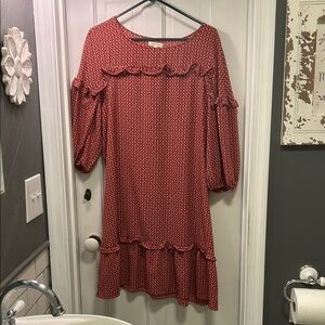 Max Studio Red Printed Long Sleeve Ruffle Dress
